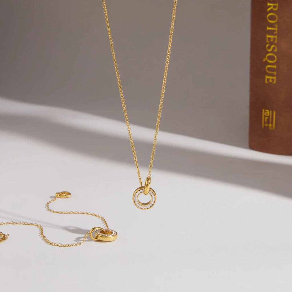 Kika Delicate White Zircon Double Ring Interlocking Pendant With O-Chain Necklace