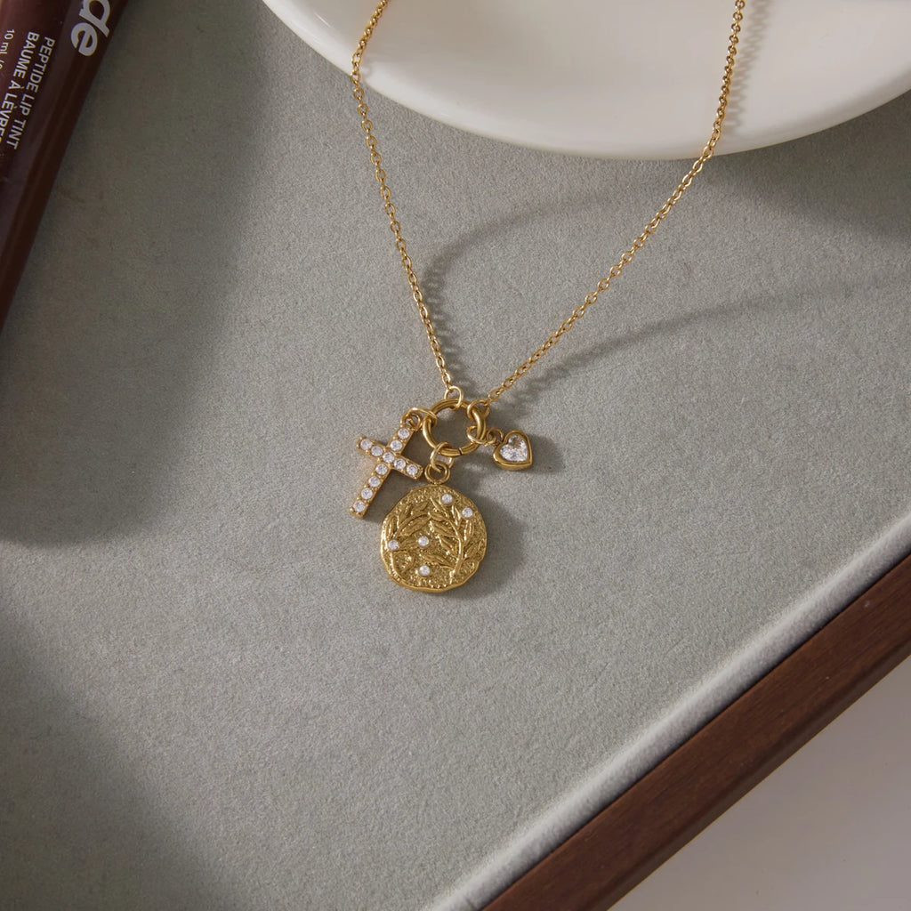 Kika Classic Zircon Cross Heart Coin Pendant Necklace