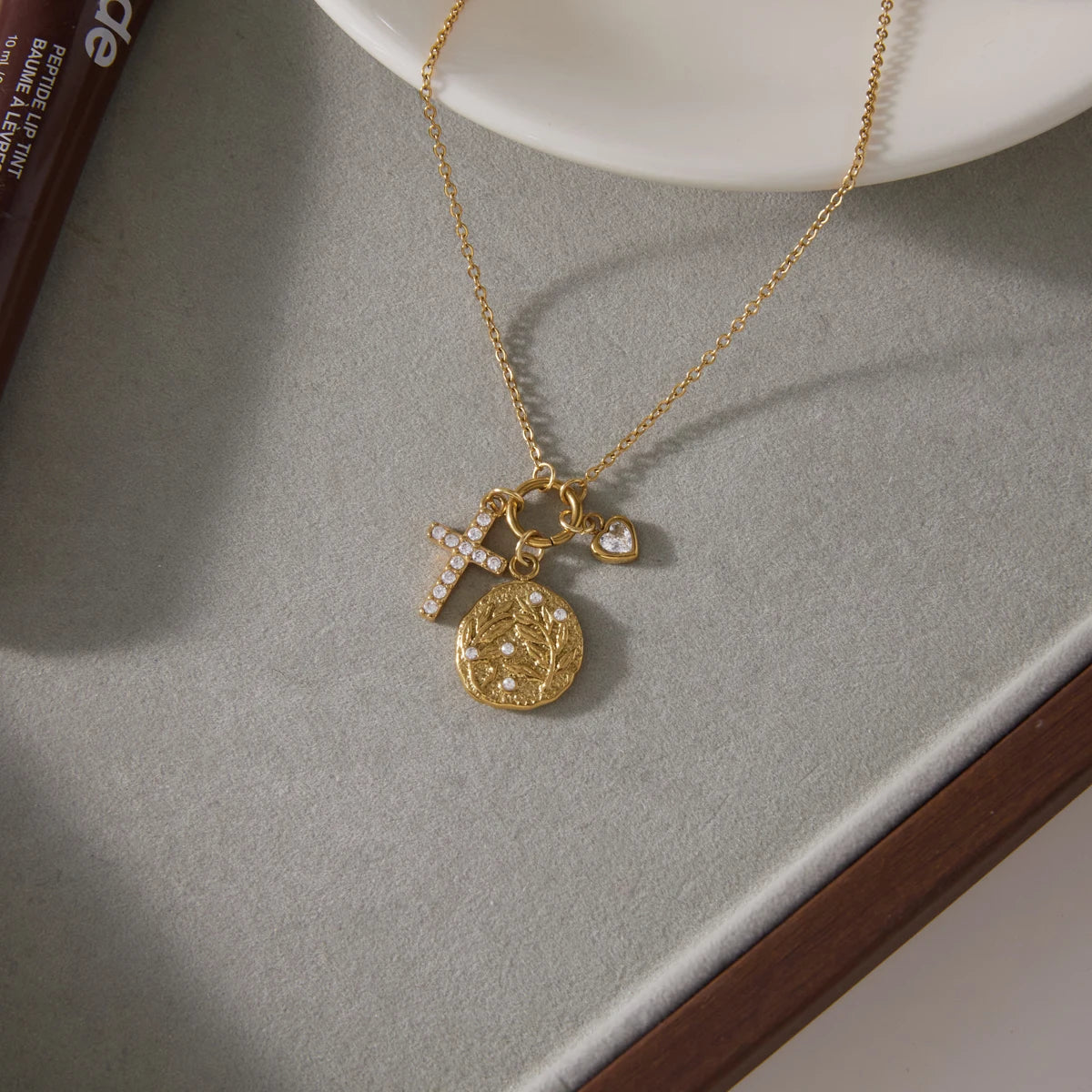 Kika Classic Zircon Cross Heart Coin Pendant Necklace