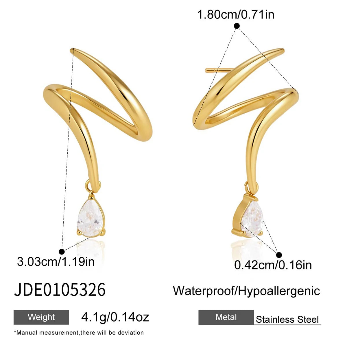 Kika Water Drop Zircon Earrings Minimalist Wave Shape 18K Gold PVD Plated Stainless Steel 316L
