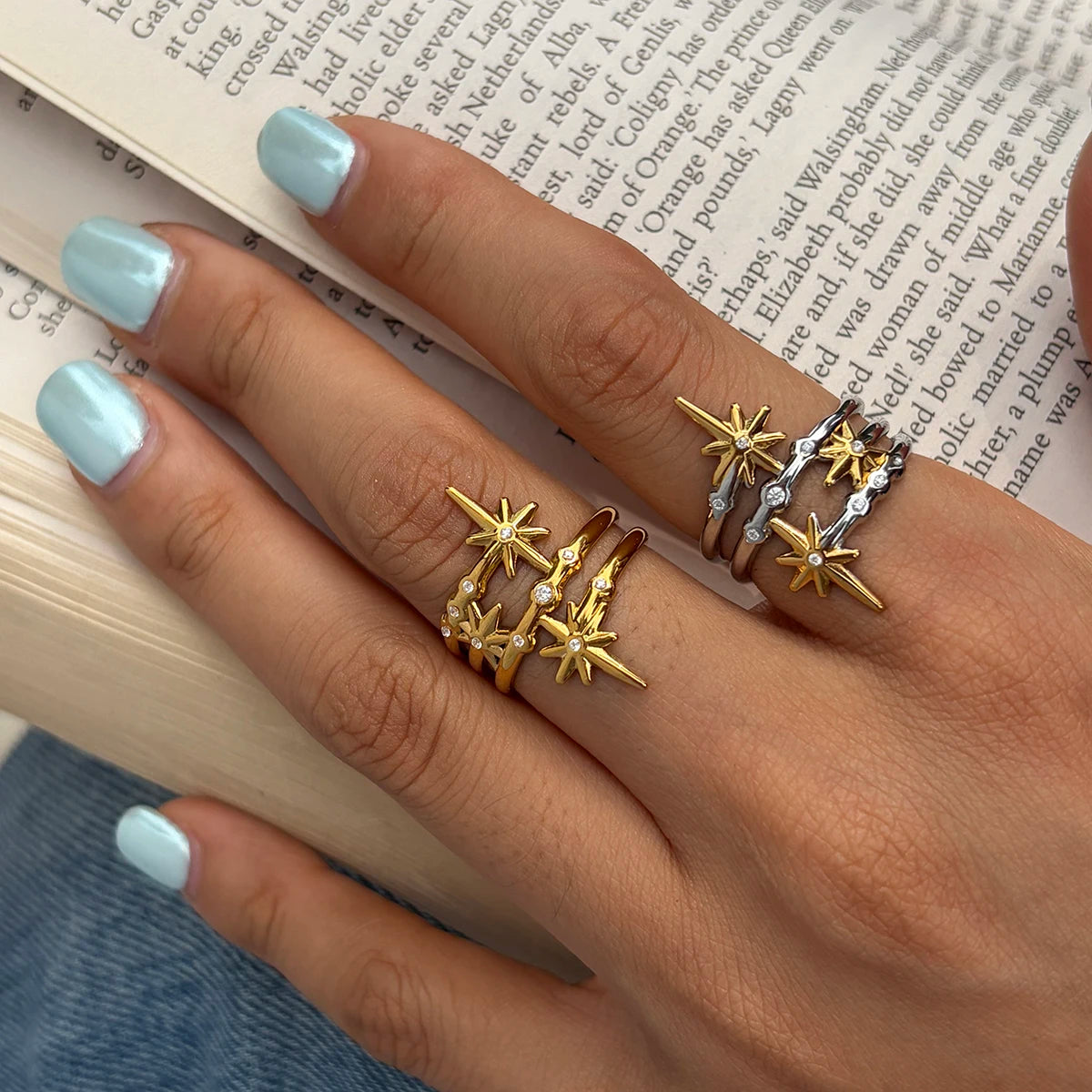 KIKA  Zircon Star Multilayer Open Rings PVD Plated Stainless Steel 316L