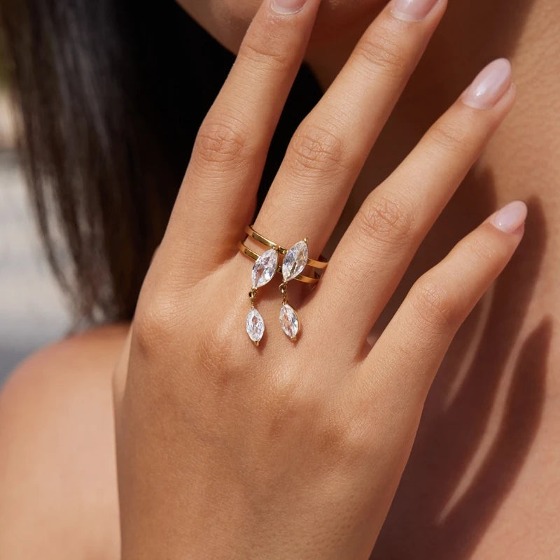 KIKA Horse Eye Shape Zircon Open Rings  18K Gold PVD Plated Stainless Steel 316L