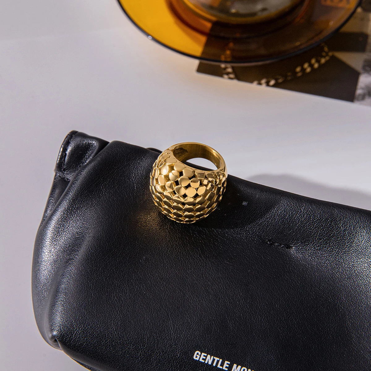KIKA Unique Designer PVD Plated Mesh Hollow Spherical Exaggerated Rings Waterproof Stainless Steel 316L