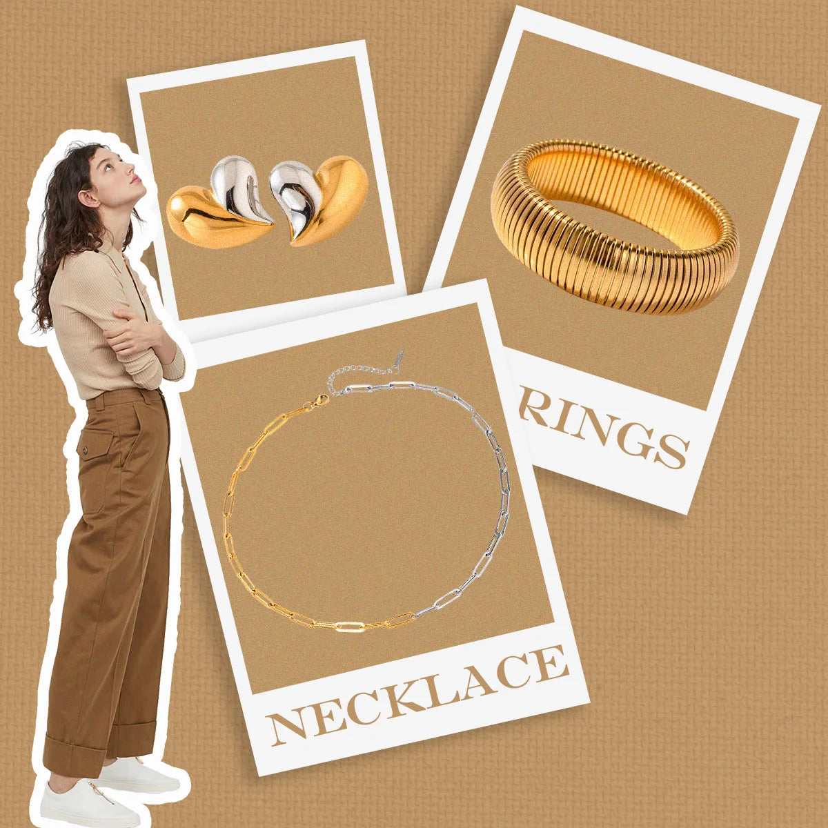 Kika 4pcs Two tone Love Earrings Texture Bracelet Color blocked Necklace Chain Women's Jewelry Gift for Her