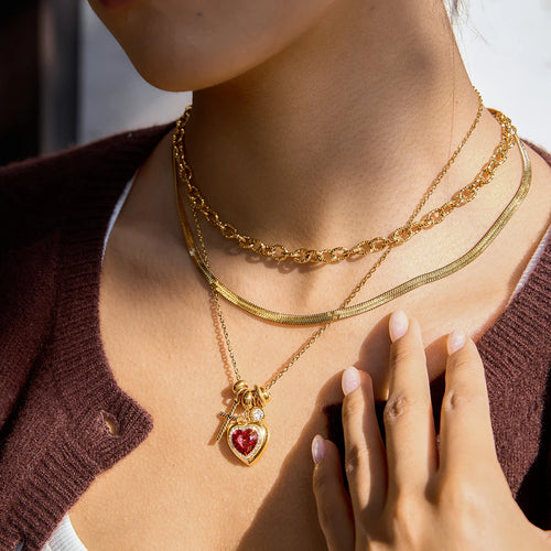 Classic Cross Red Zircon Heart Rhinestone Necklace
