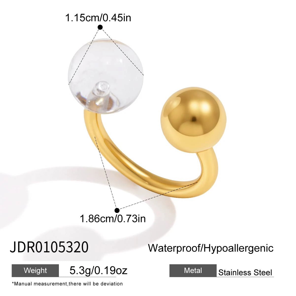 Kika Punk White Resin Ball Open Rings Minimalist 18K Gold PVD Plated Stainless Steel 316L