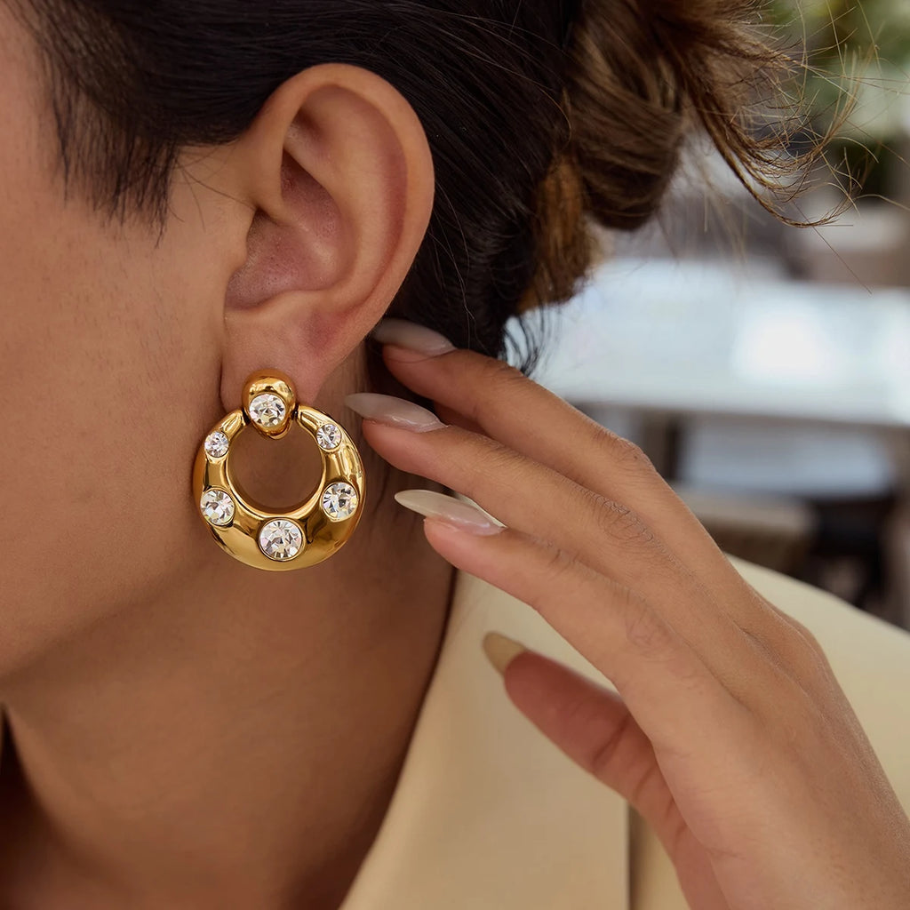 Kika Fashion Zircon Large Earrings 18K Gold Color Plated Stainless Steel Door Handle Earrings