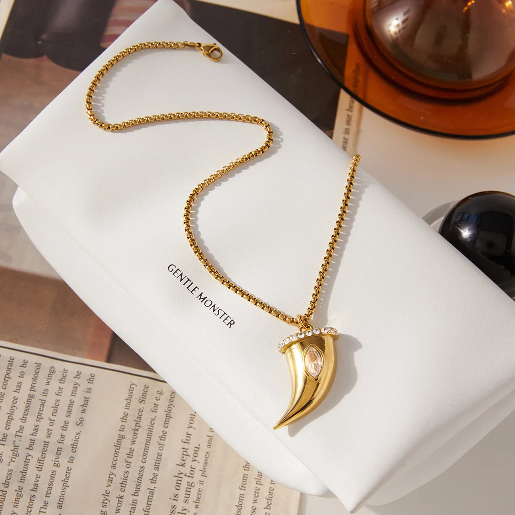 Kika Creative Large White Zircon Cow Horn Pendant Necklace