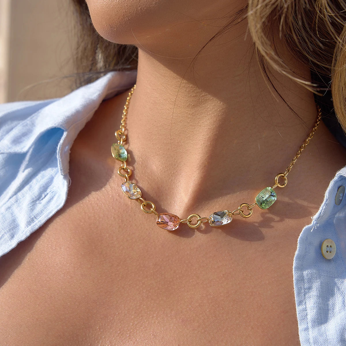 Kika Summer Delicate Geometric Colored Rhinestone Chain Necklace