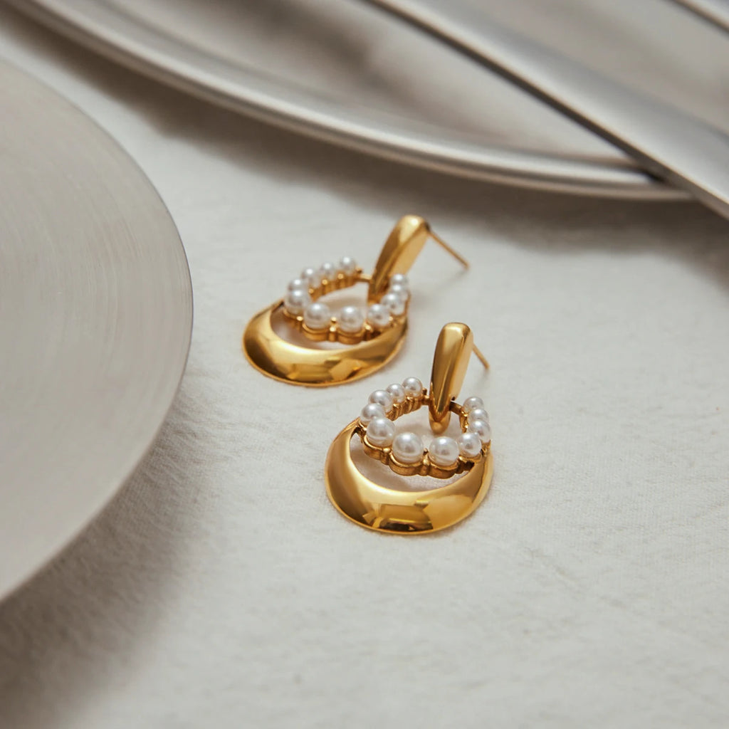 KIKA Fashion Pearl Hollow Door Handle Earrings 18K Gold Color PVD Plated Stainless Steel 316L Oval