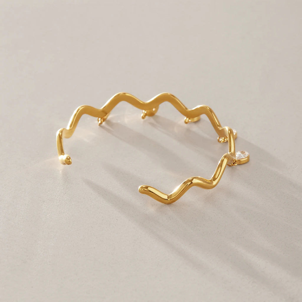 KIKA Water Drop Zircon Wave Shape Cuff Bracelet PVD 18K Gold Plated Stainless Steel 316L