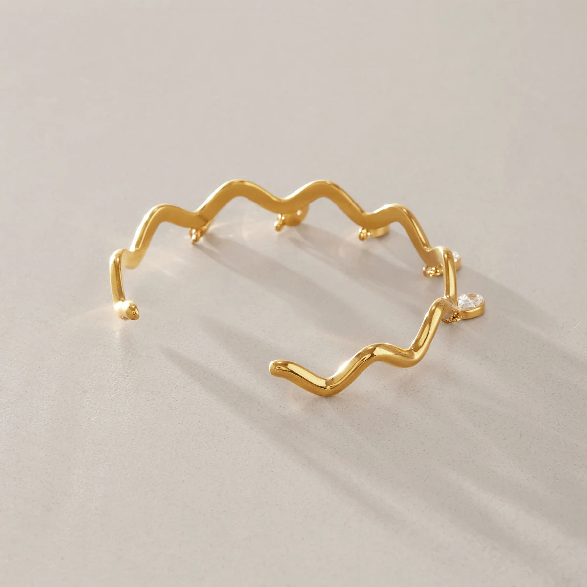 KIKA Water Drop Zircon Wave Shape Cuff Bracelet PVD 18K Gold Plated Stainless Steel 316L