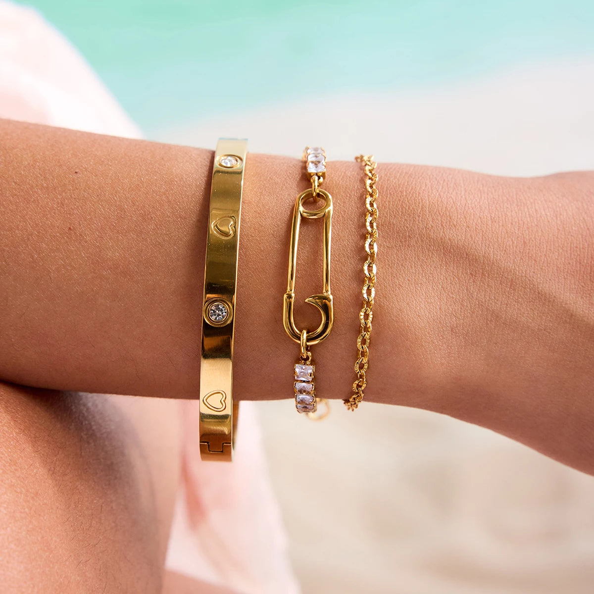 KIKA Simple Classic Square White Zircon Bracelet Paper Clip Double layer Bracelet Stainless Steel Chain Women's Jewelry Party