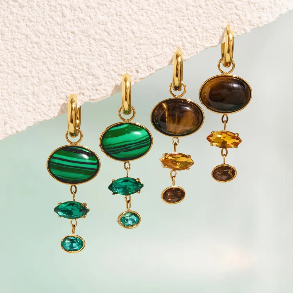 KIKA Malachite Tiger Eye Stone Crystal Drop Earrings For Women 18K Gold PVD Plated Stainless Steel Earrings Fashion Jewelry
