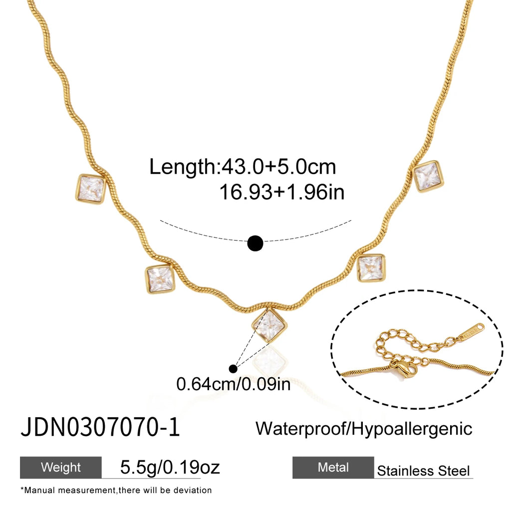 KIKA Geometric Zircon Pendant Wave Shape Chain Necklace For Women 18K Gold PVD Plated Stainless Steel 316L