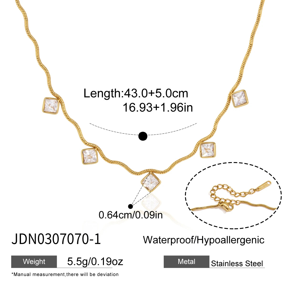 KIKA Geometric Zircon Pendant Wave Shape Chain Necklace For Women 18K Gold PVD Plated Stainless Steel 316L