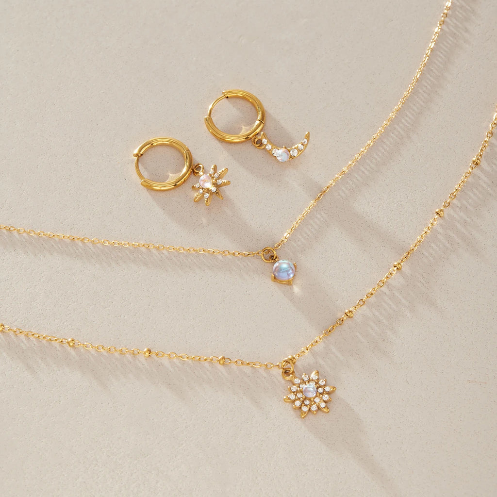 KIKA Moonstone Crystal Star Necklace Earrings  Gold PVD Plated Stainless Steel 316L