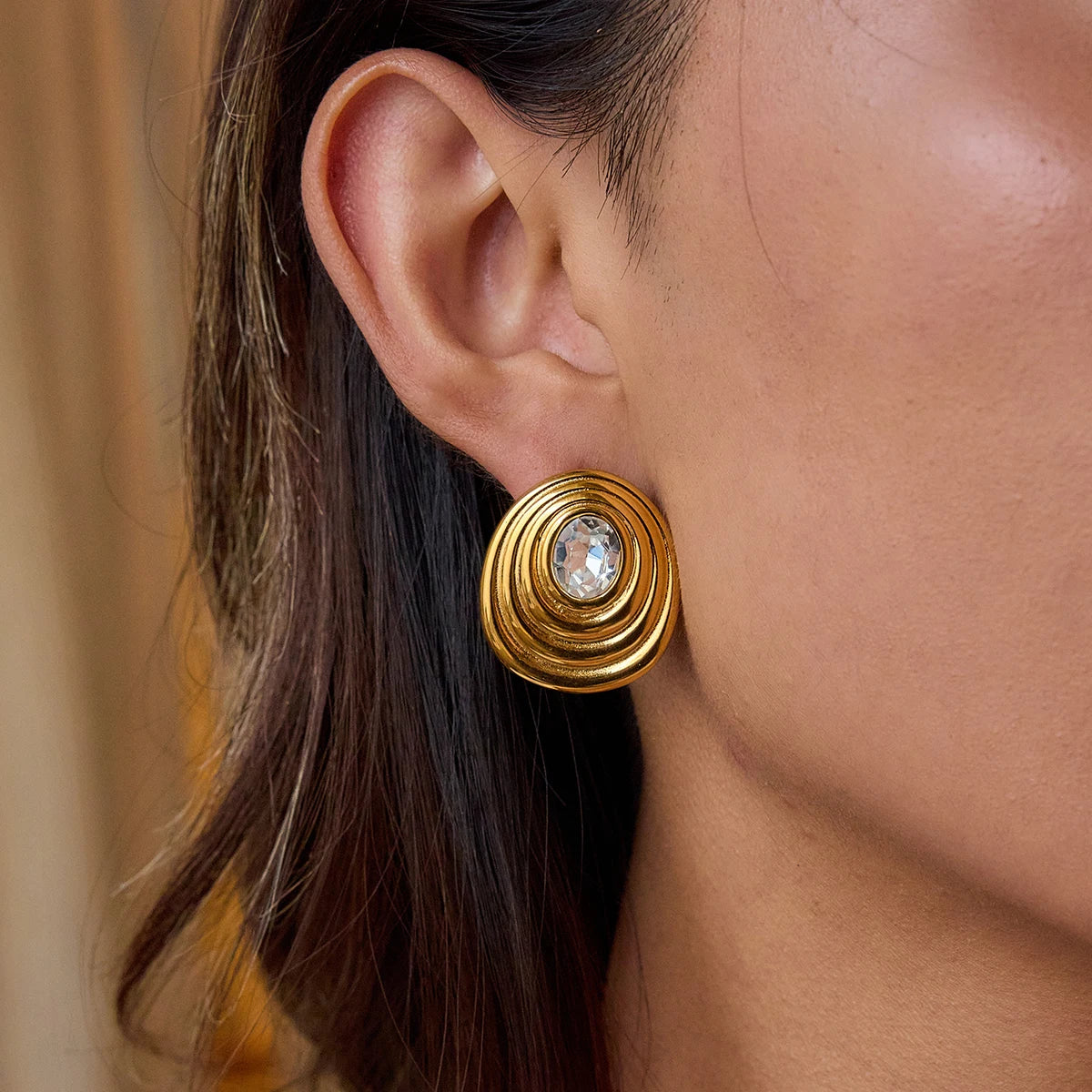 Kika Minimalist 18K Gold Color Plated Stainless Steel Round White Zircon Ribbed Round Ear Studs