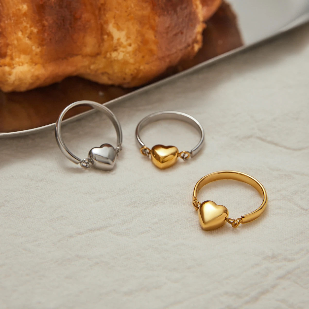 Kika Simple Classic Stainless Steel Heart Ring Love Flip Stacked