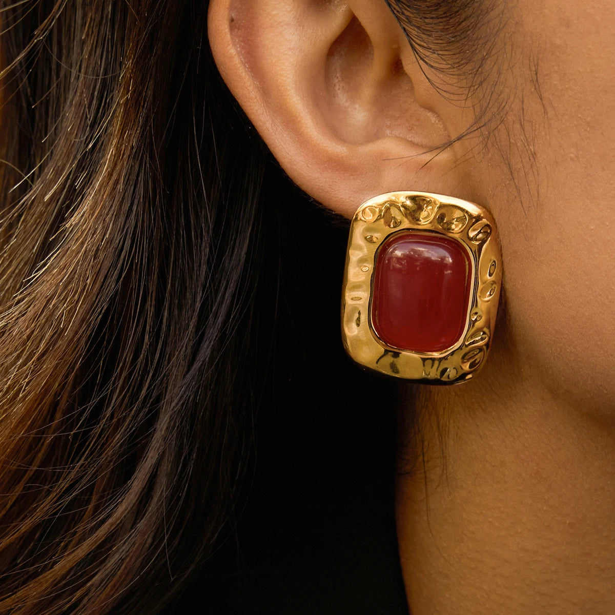 Kika Vintage Hammer Pattern Square Red Resin Ear Studs 18K Gold Color Plated Stainless Steel