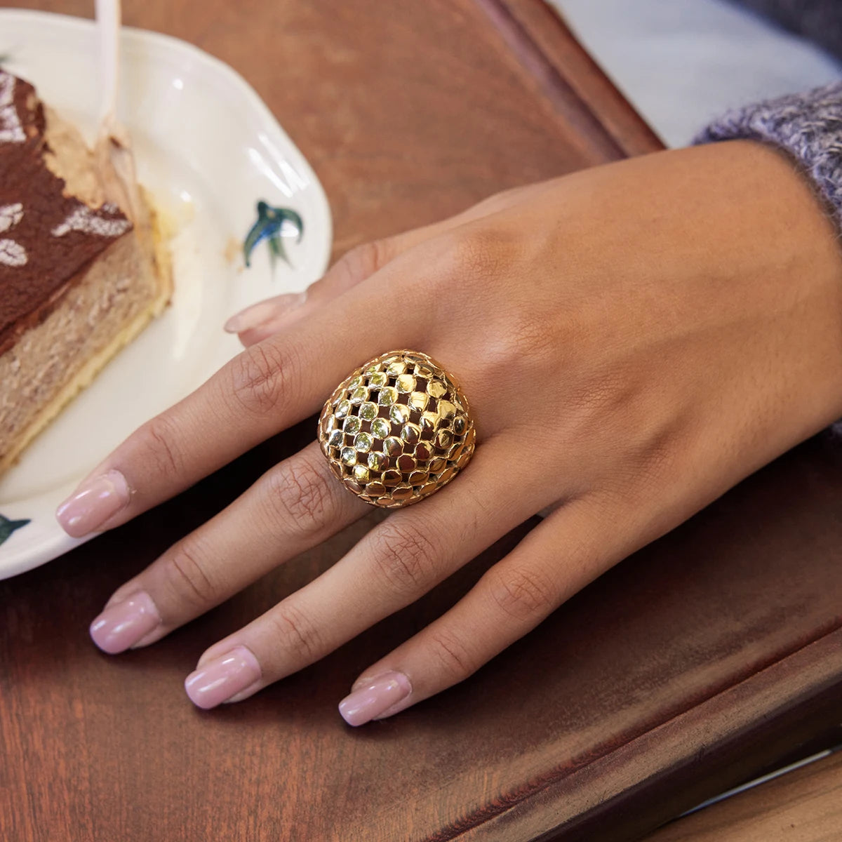 KIKA Unique Designer PVD Plated Mesh Hollow Spherical Exaggerated Rings Waterproof Stainless Steel 316L