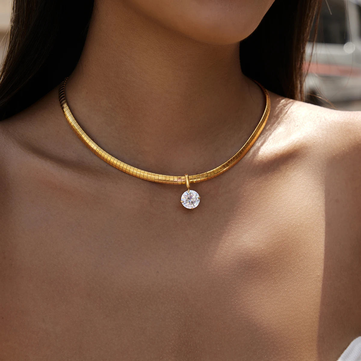 Kika Round Water Drop Zircon Pendant Necklace 18K Gold Plated Stainless Steel 316L