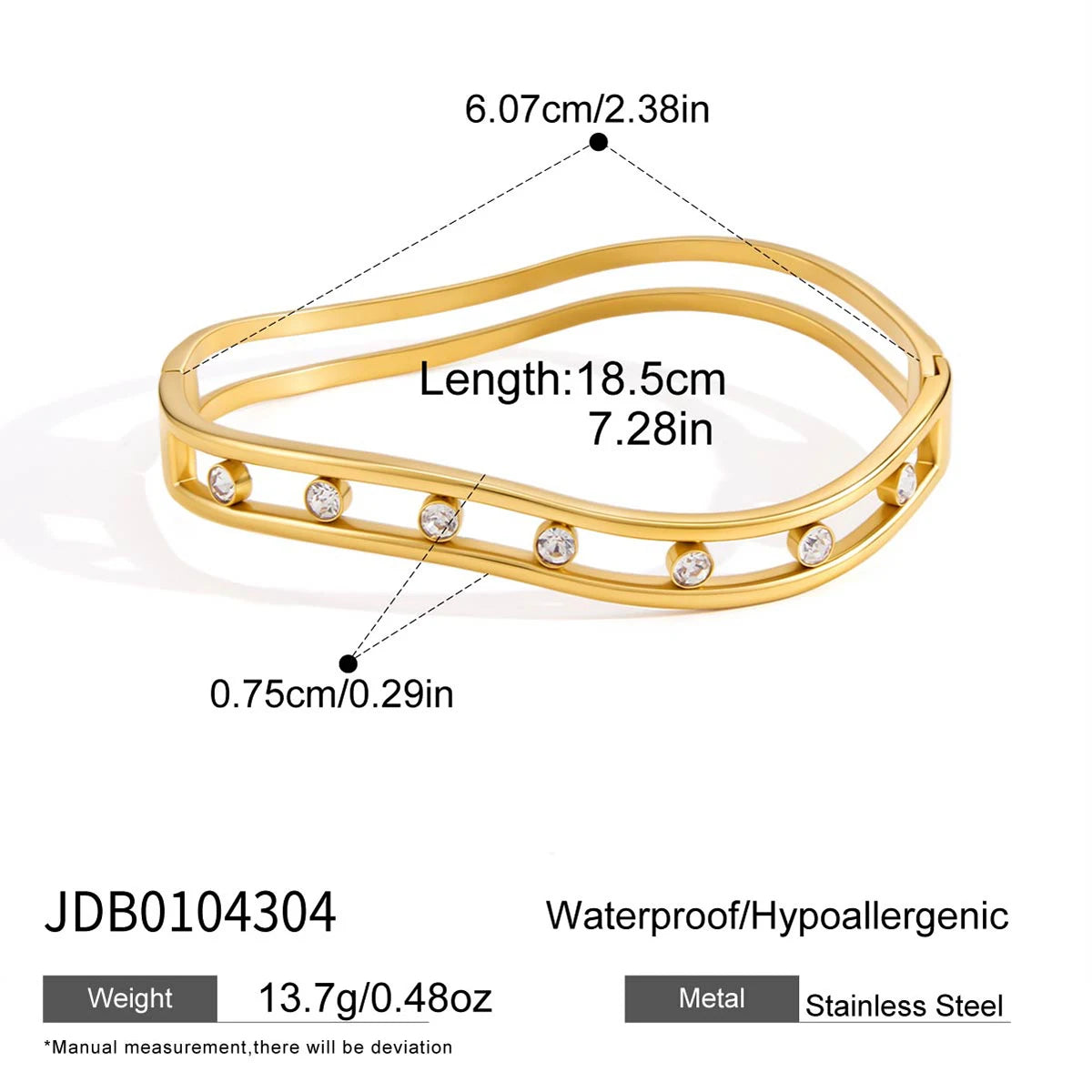KIKA Round Crystal Wave Shape Openable Bracelet PVD 18K Gold Plated Stainless Steel 316Ly