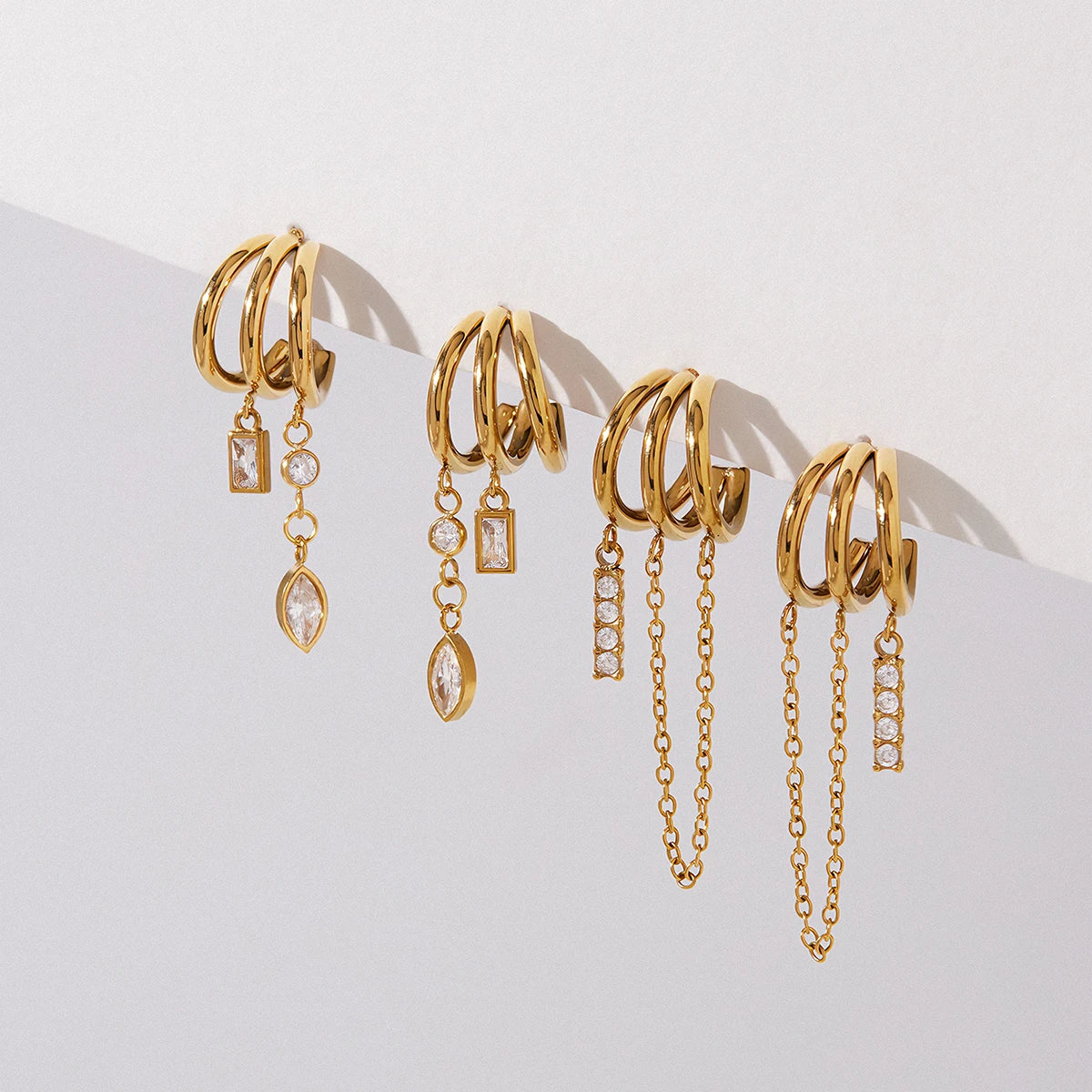 Kika Geometric Zircon Pendant Chains Tassel Earrings
