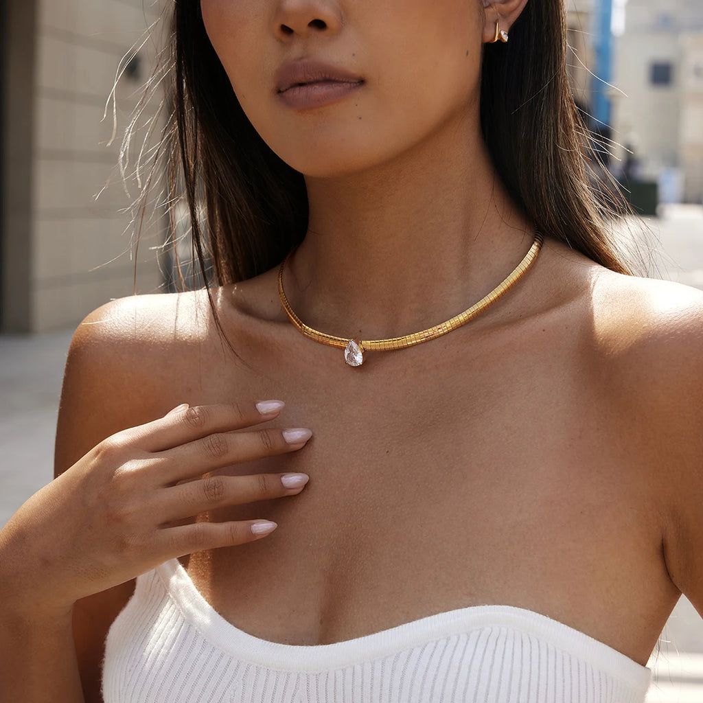 Kika Round Water Drop Zircon Pendant Necklace 18K Gold Plated Stainless Steel 316L