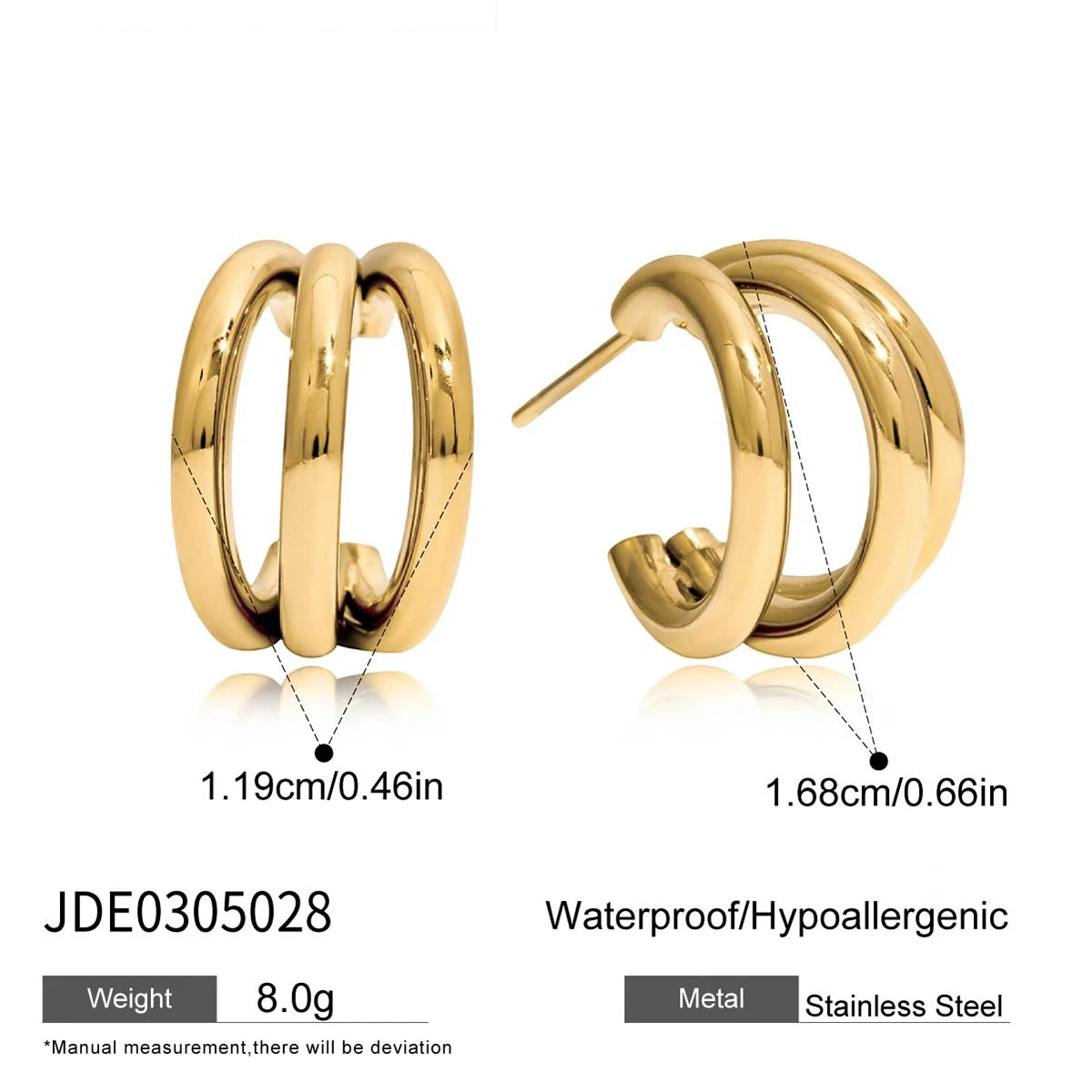 KIKA Minimalist Classic 18K Gold Color PVD  Plated Stainless Steel 316L C-Shaped Earrings Hypoallergenic Waterproof