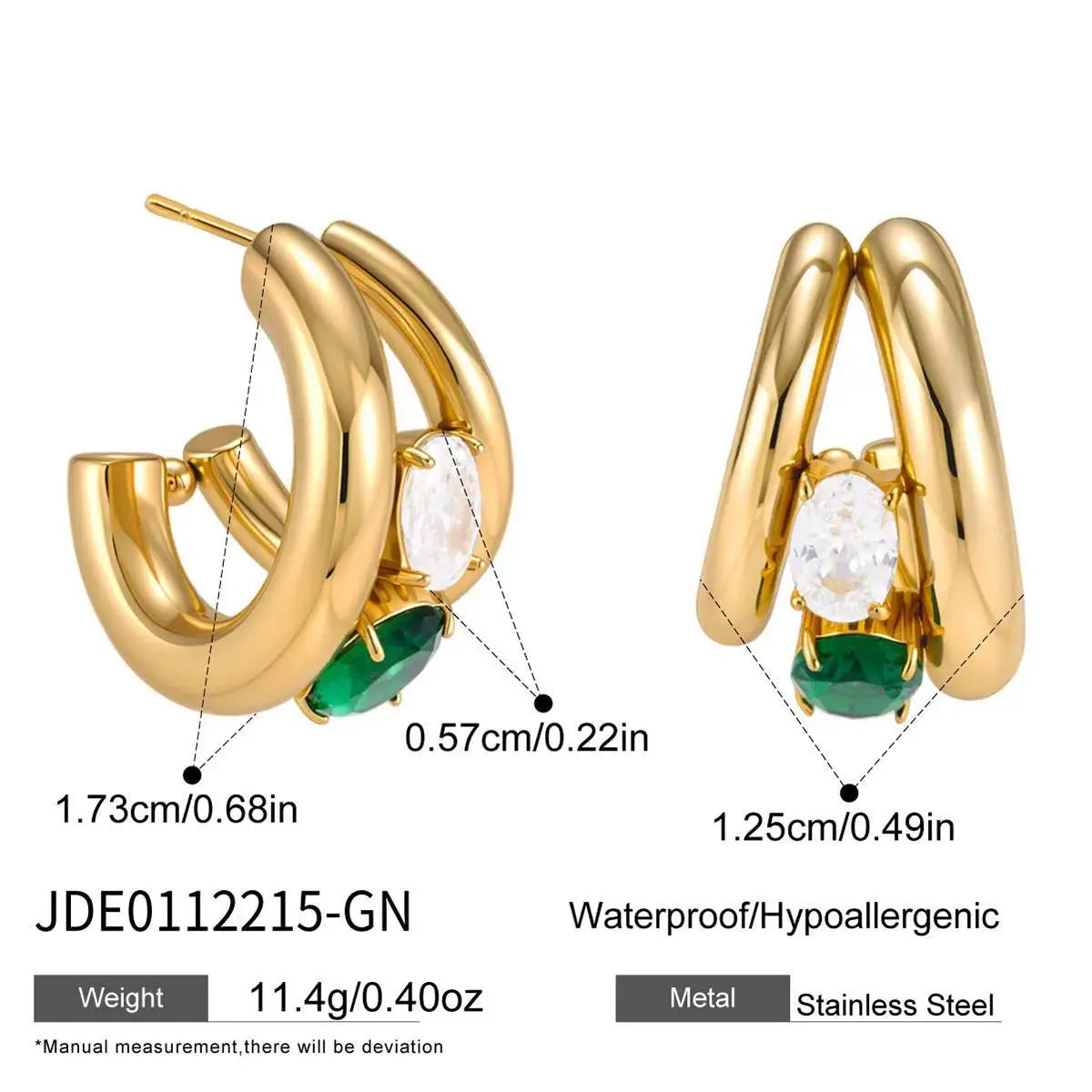 KIKA Delicate Zircon C Shape Stud Earrings PVD 18K Gold Plated Stainless Steel 316L