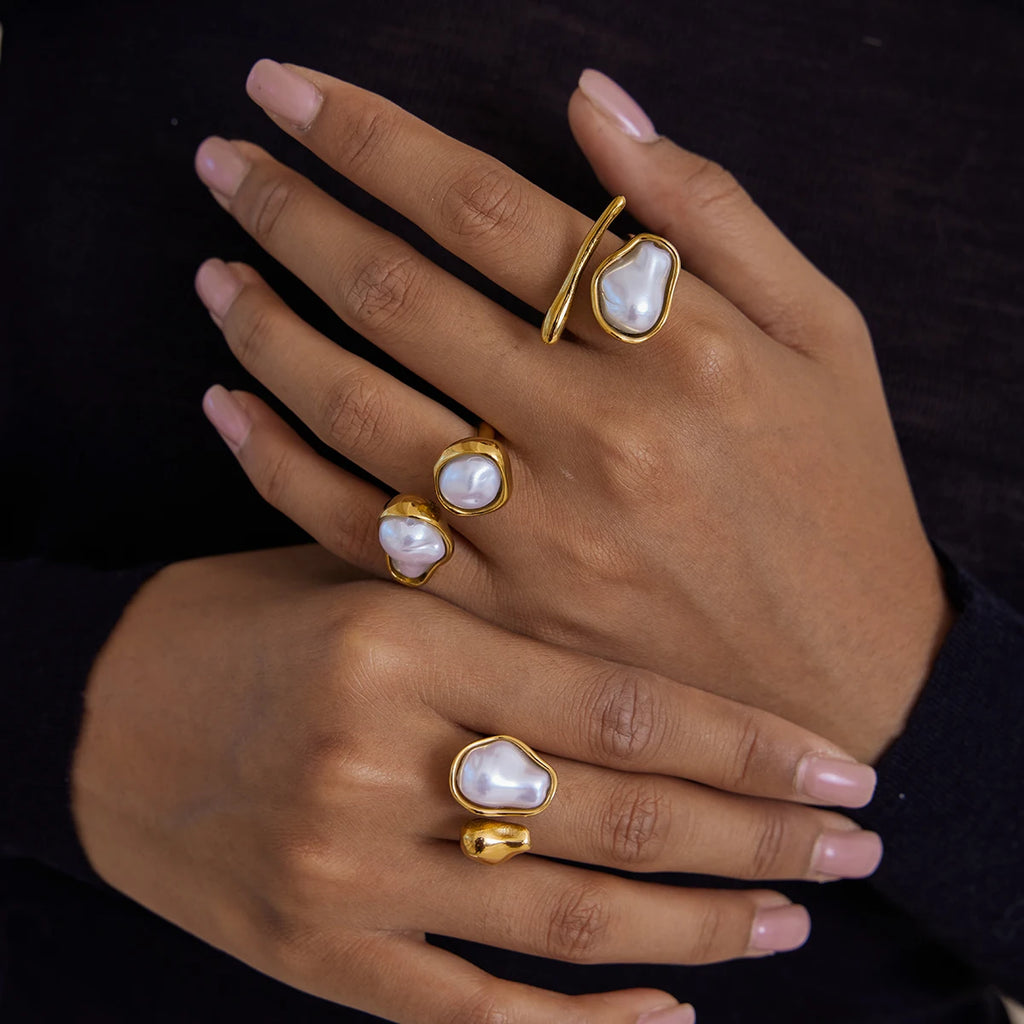 KIKA Simple and Elegant 18K Gold Color PVD Plated Stainless Steel 316L Baroque Shaped Pearl Asymmetric Ring Stackable Pearl