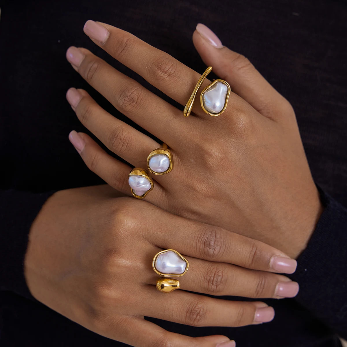 KIKA Simple and Elegant 18K Gold Color PVD Plated Stainless Steel 316L Baroque Shaped Pearl Asymmetric Ring Stackable Pearl