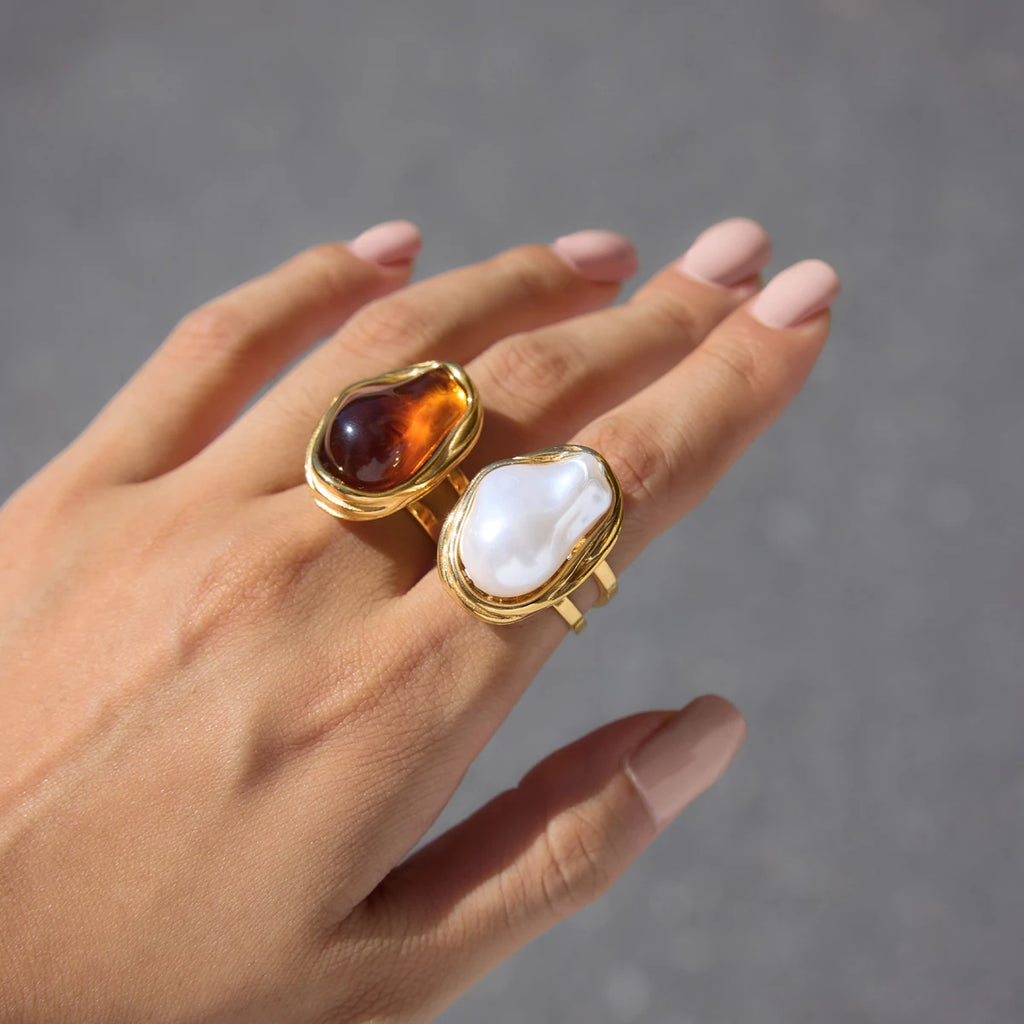 KIKA Chunky Imitation Baroque Pearl Resin Open Rings For Women 18K Gold PVD Plated Stainless Steel 316L