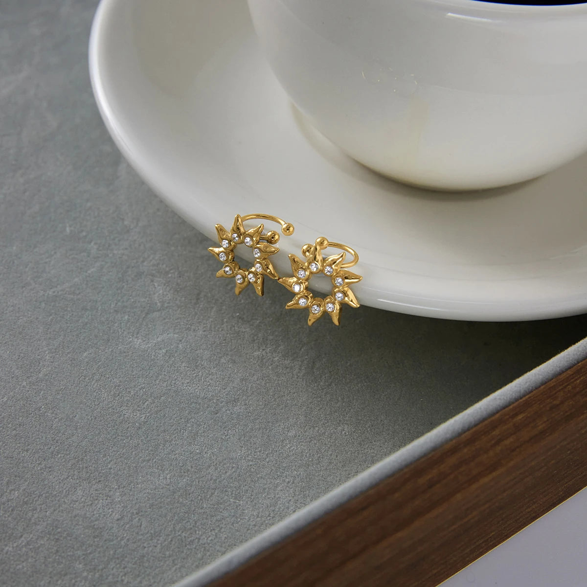 KIKA Classic Minimalist 18K Gold Color PVD Plated Inlay White Rhinestone Sun Shape Ear Clip Hypoallergenic Stainless Steel 316L