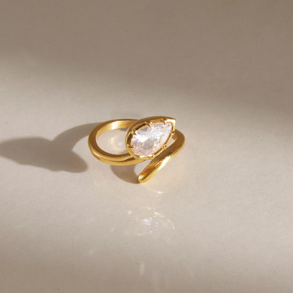 KIKA Water Drop Zircon Open Rings 18K Gold PVD Plated Stainless Steel 316L