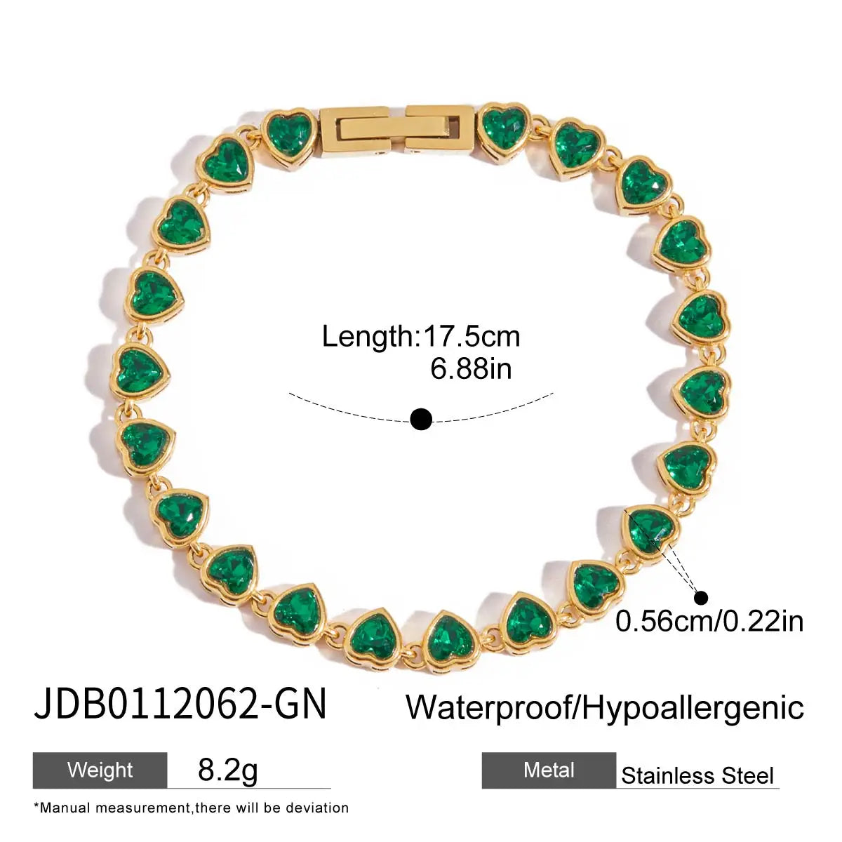 Kika Fashion Trend 18K Gold Color Plated Stainless Steel Rectangular Green Zirconia Chain Bracelet