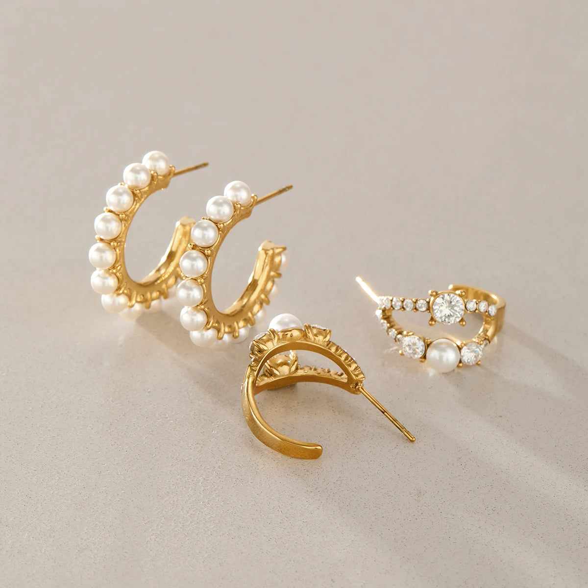 KIKA Elegant Zircon Imitation Pearl Earrings For Women 18K Gold Plated Stainless Steel C Shape Stud Earrings Fashion Jewelry