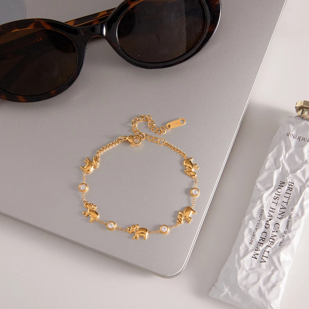 KIKA Vintage White Zircon Elephant Animal Bracelet 18K Stainless Steel 316L  Gold Color Stackable Chain Bracelet
