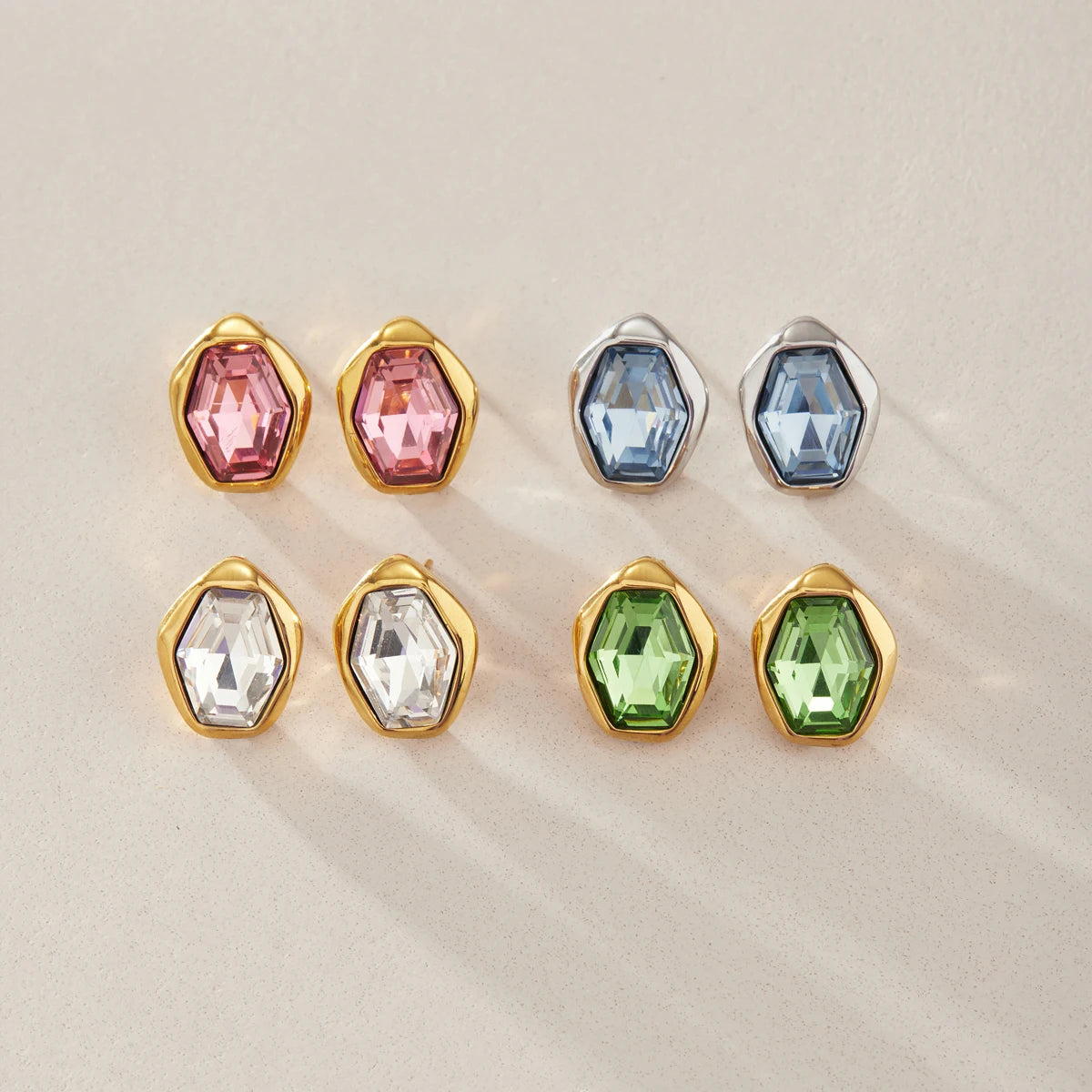 KIKA Elegant Glass Stone Stud Earrings  18K Gold PVD Plated Stainless Steel 316L