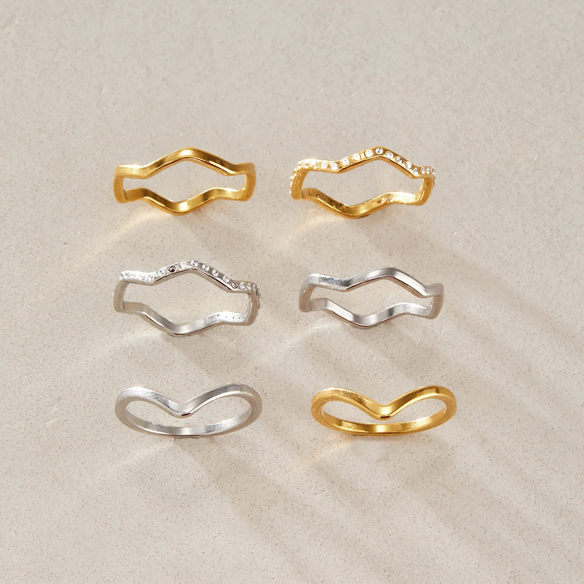 KIKA 2 Pcs/Set Zircon Wave Shape Rings For Women Minimalist 18K Gold PVD Plated Stainless Steel Rings Fashion Jewelry Gift
