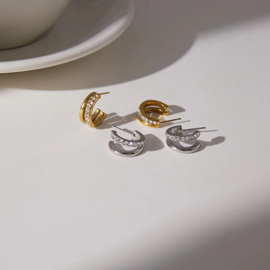 Kika Delicate Zircon C Shape Stud Earrings 18K Gold PVD Plated Stainless Steel 316L