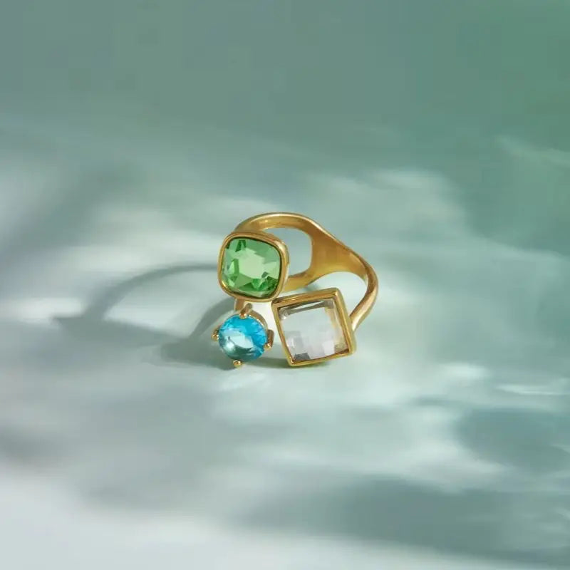 KIKA Delicate Square Yellow Blue White Spliced Zircons Open Ring PVD Plated Stainless Steel 316L