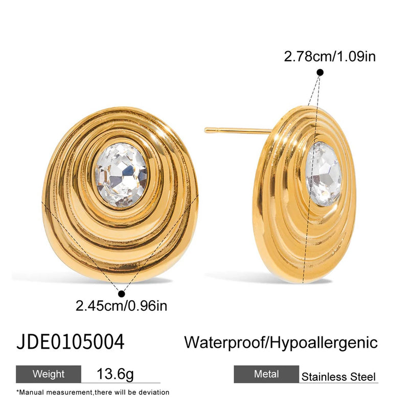 Kika Minimalist 18K Gold Color Plated Stainless Steel Round White Zircon Ribbed Round Ear Studs