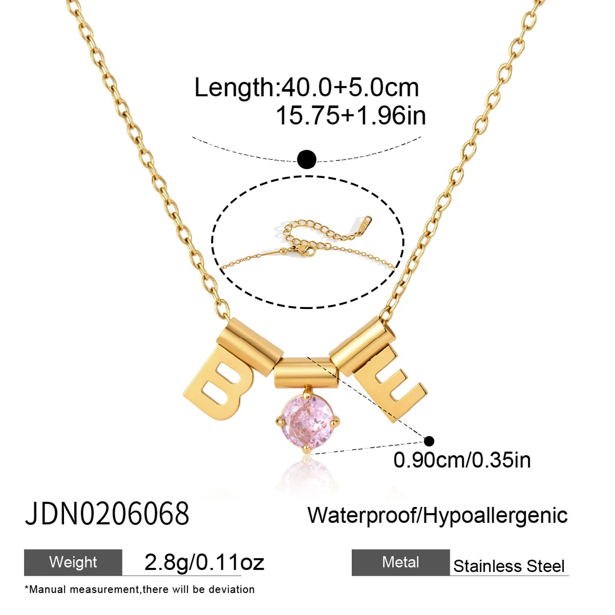 Kika Detachable Letter Zircon Pendant Necklace For Women 18K Gold PVD Plated Stainless Steel 316L