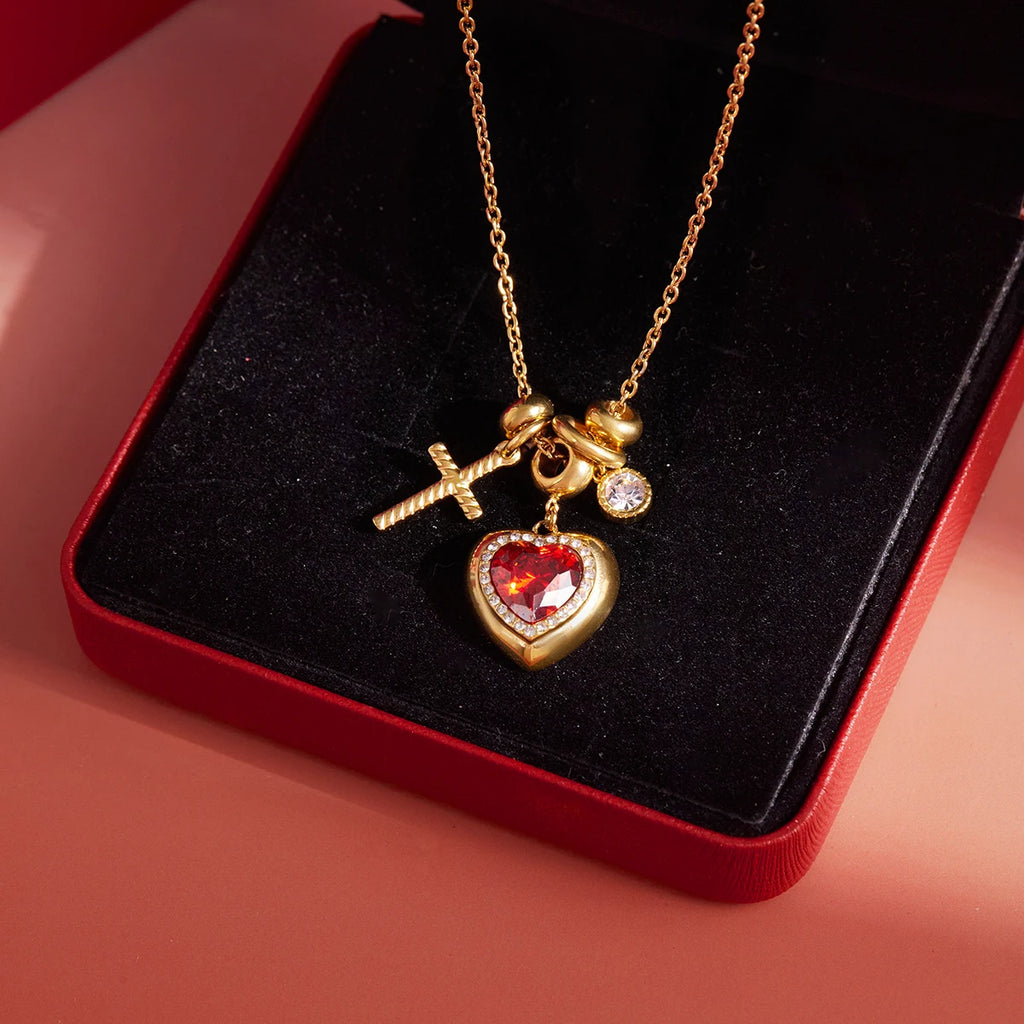Classic Cross Red Zircon Heart Rhinestone Necklace