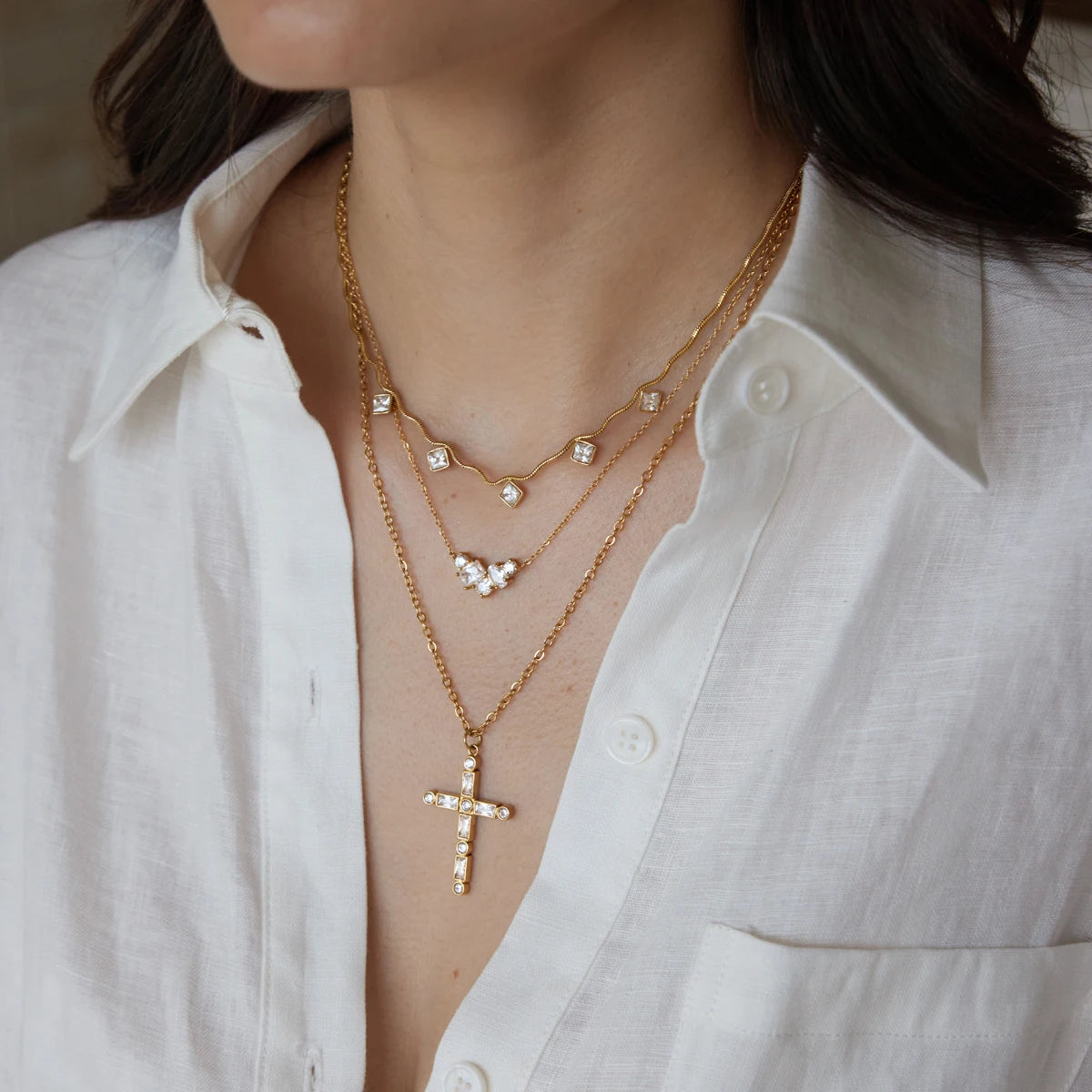 KIKA Geometric Zircon Pendant Wave Shape Chain Necklace For Women 18K Gold PVD Plated Stainless Steel 316L