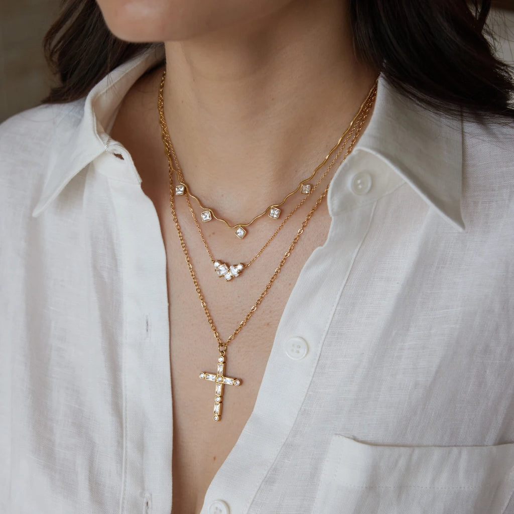 KIKA Geometric Zircon Pendant Wave Shape Chain Necklace For Women 18K Gold PVD Plated Stainless Steel 316L