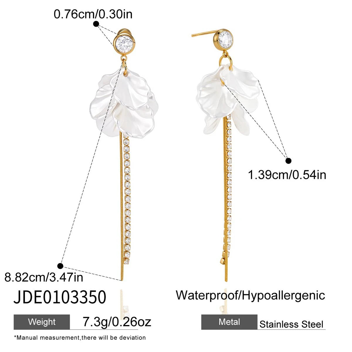 KIKA Delicate White Zircon Chain Acrylic Pearl Sheet Tassel Dangle OVD Plated Stainless Steel 316L
