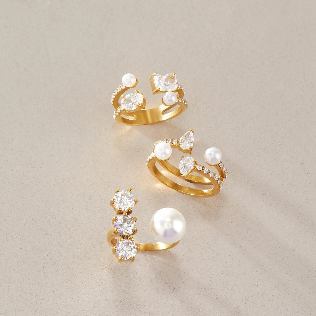 KIKA Elegant Zircon Imitation Pearl Open Rings For Women Minimalist 18K Gold Plated Stainless Steel Rings Fashion Jewelry Gift